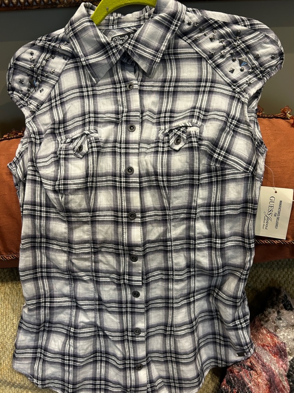 Guess by Marciano Black & White Plaid Short Sleeve Studded Shirt-M-NWT
